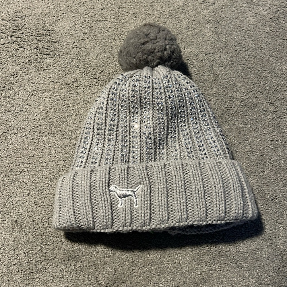 PINK fuzzy sparkly grey beanie